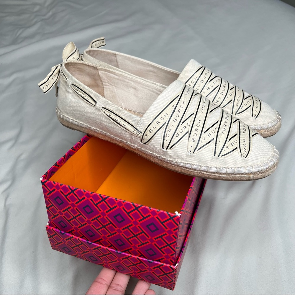 Tory Burch Cream and Black Espadrilles with Elegant Lacing